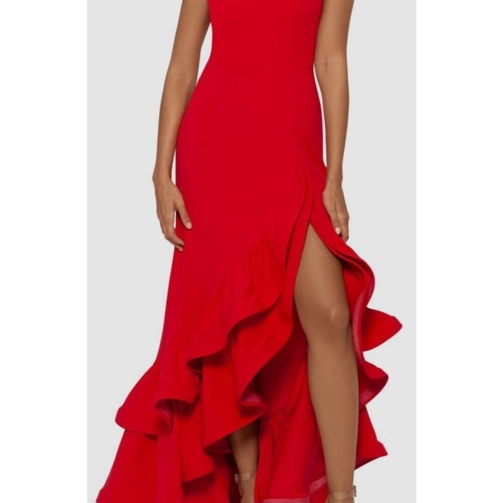 Betsy & Adam Red Halter High-Low Gown With Ruffle Detail Size 12 Made In USA - Picture 2 of 9
